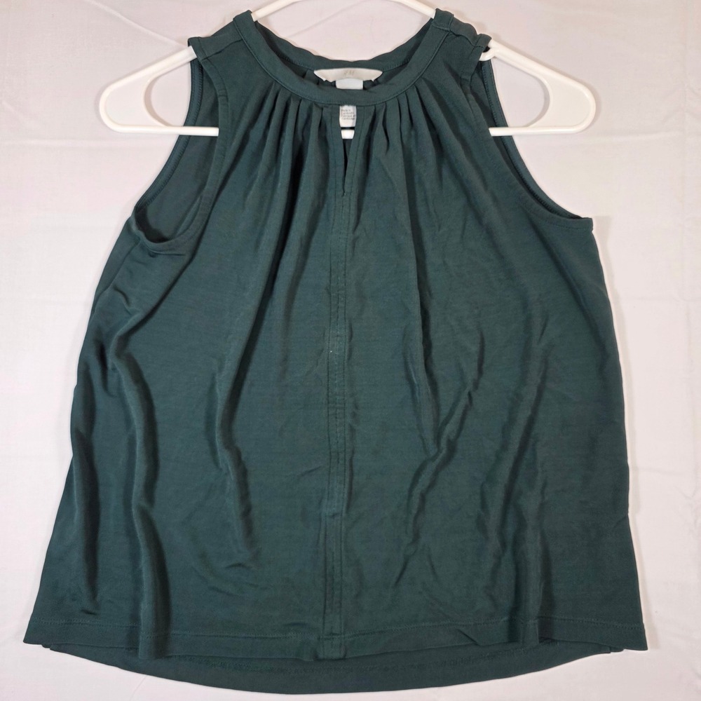 HM Womens Forest Green Pleated High Neck Keyhole Sleeveless Blouse XS